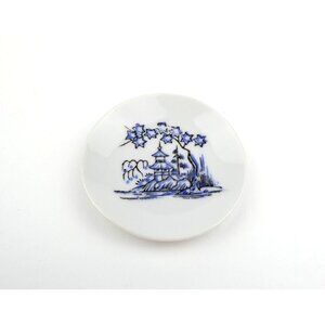 Vintage Japanese Porcelain Mini Plate W/ Blue Pagoda & Tree Design 2.75“ x 2.75”